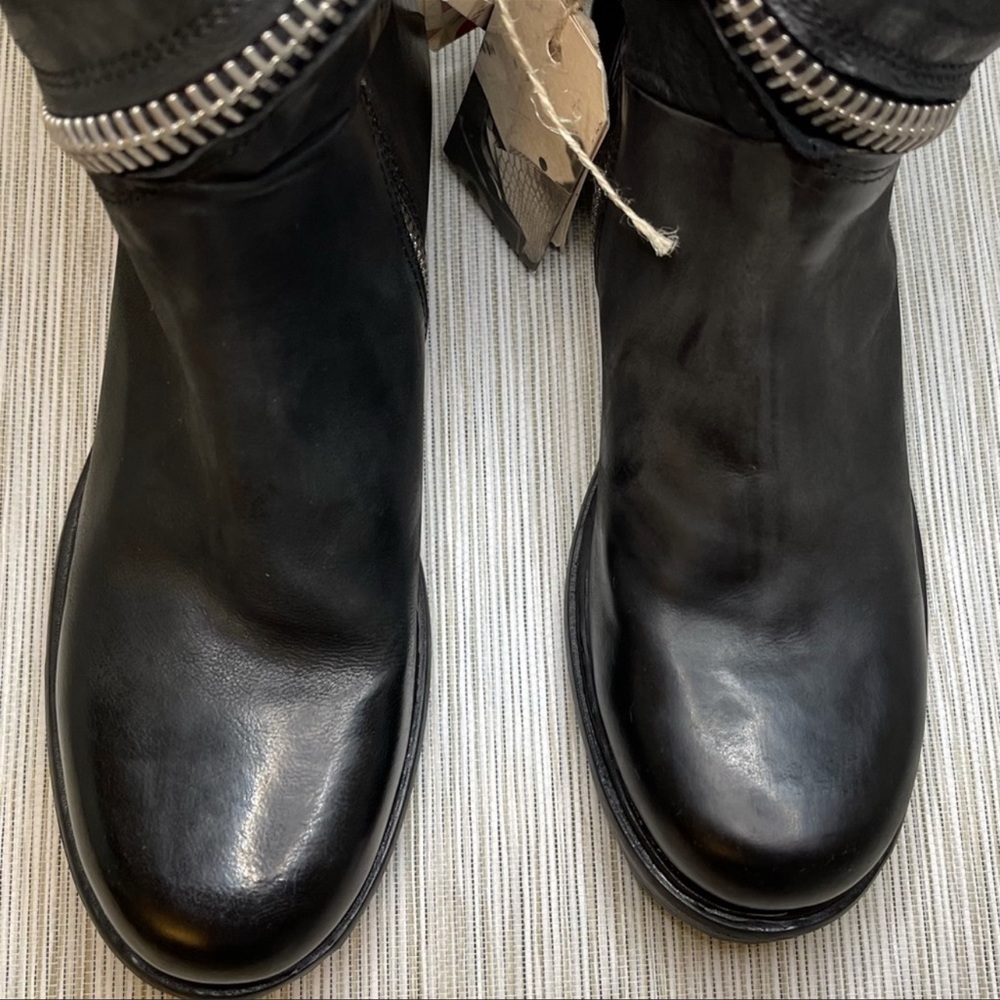 A.S.98 Black Leather Mid-Calf Moto Boots with Silver Zippers - Picture 10 of 16